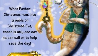 Image of a ginger cat in a Santa hat. It is snowing. There is a sign saying Mister Mishkins' Apothecary. The text reads Mister Mishkins saves Christmas. When Father Christmas runs into trouble on Christmas Eve, there is only one cat he can call on to help save the day!