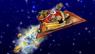 Image of Santa and his sleigh on a magic carpet, with two cats next to him wearing santa hats and flying through the night sky